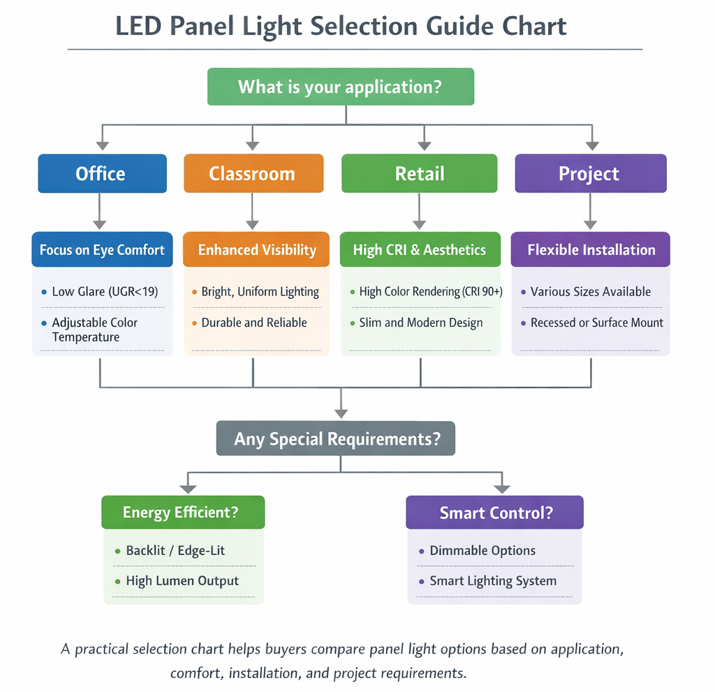 Decision chart showing how to choose LED panel light solutions for office, classroom, retail, and project applications 
